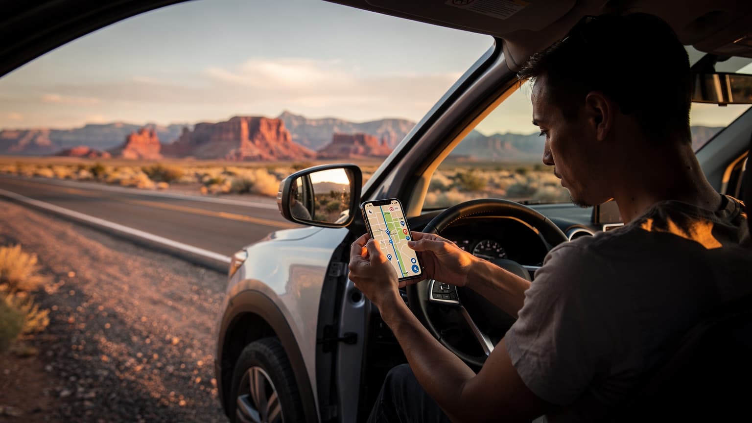 Una persona sta utilizzando il suo smartphone per navigare su una mappa digitale all'interno di un'auto a noleggio, parcheggiata al tramonto nel deserto del Nevada, con le montagne sullo sfondo.