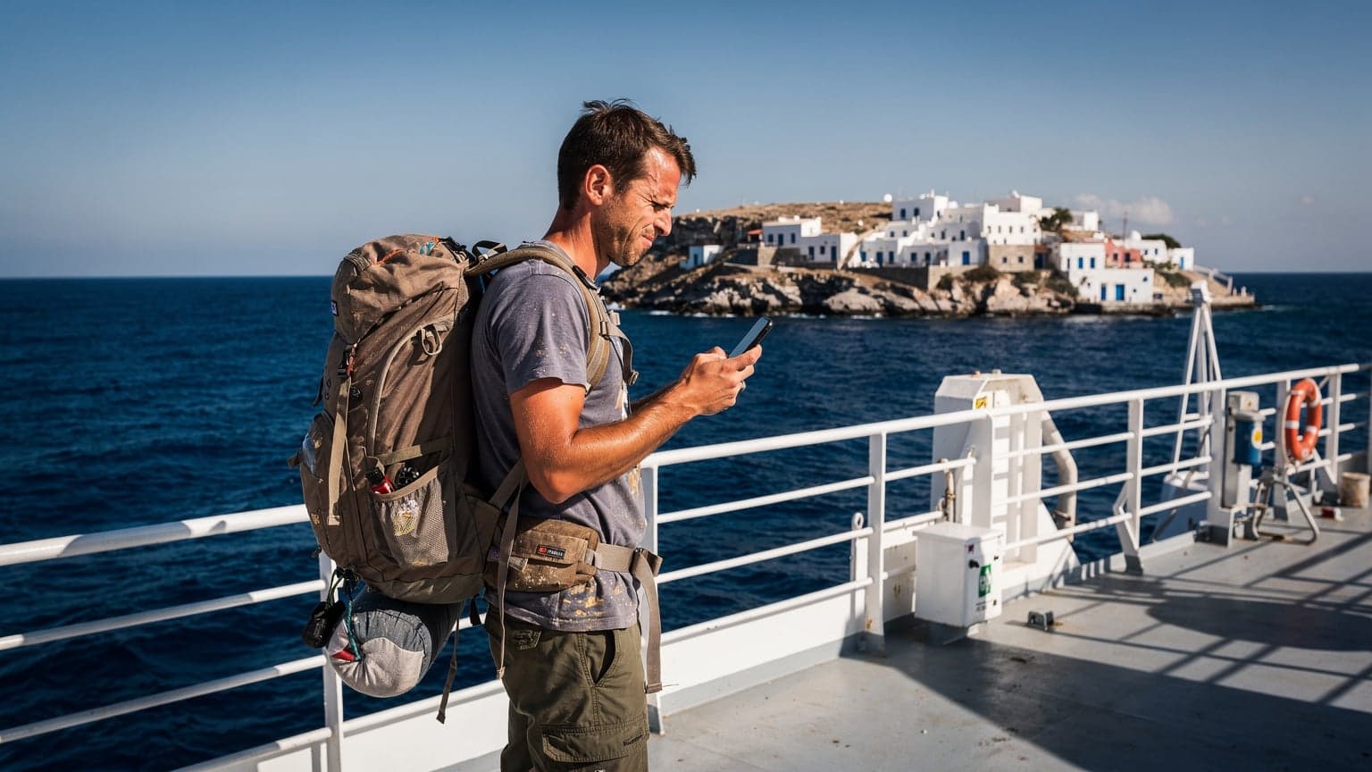 A traveler with a worn backpack checks their phone for signal on a sun-drenched ferry deck, with the Aegean Sea and distant Greek islands in the background.