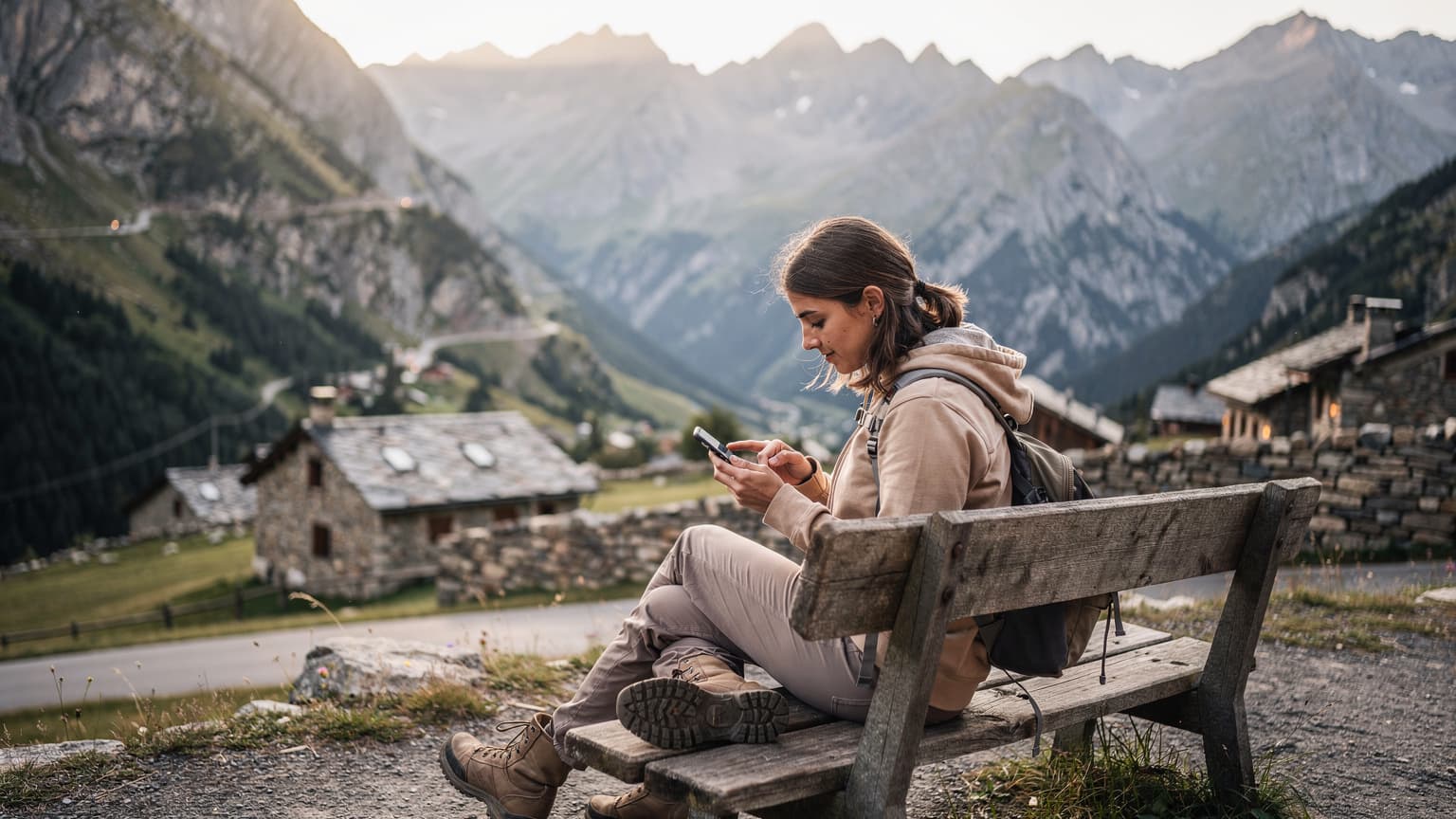 Eine Frau in Wanderkleidung sitzt auf einer Bank mit Blick auf die malerischen Pyrenäen Andorras, während sie auf ihr Smartphone schaut und eine eSIM aktiviert.