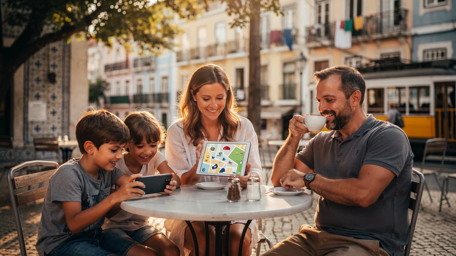 Rodina, matka, otec a dvě děti, sedí na venkovní terase kavárny v Lisabonu s výhledem na barevné budovy, matka drží tablet s mapou, děti se dívají na telefon s hrou, zatímco otec si vychutnává kávu.