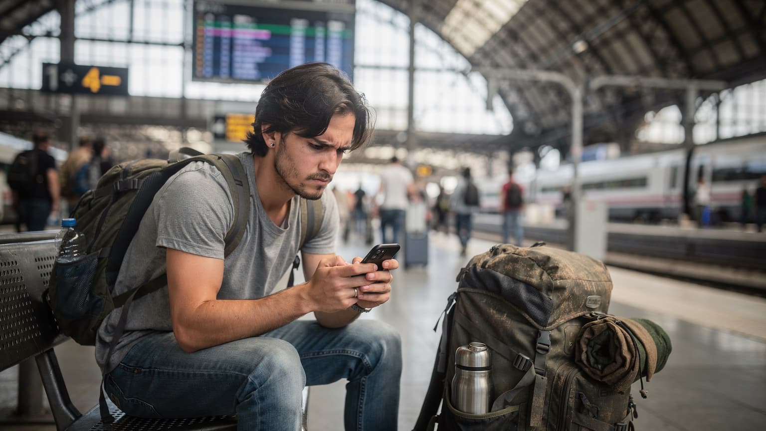 Un giovane backpacker controlla il suo telefono con un'espressione preoccupata mentre è seduto su una panchina in una stazione ferroviaria affollata di Milano, con un grande zaino ai suoi piedi.