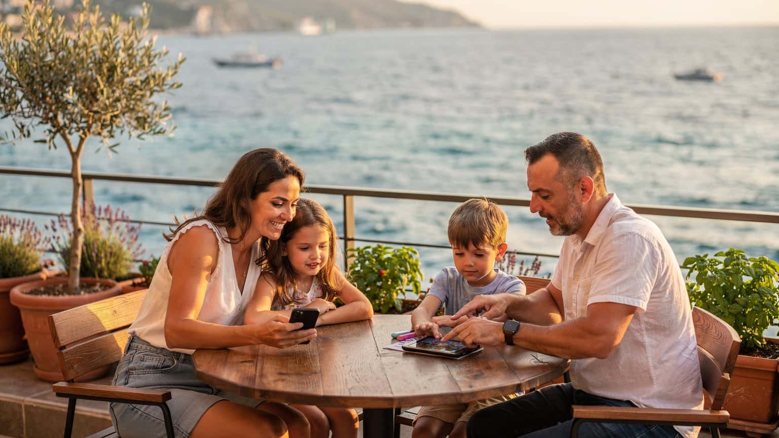 Eine Familie mit zwei Kindern, die auf einer Sonnenterrasse mit Blick auf die albanische Küste ihre Smartphones und Tablets benutzen, während im Hintergrund Boote auf dem Meer schaukeln und die Sonne untergeht.