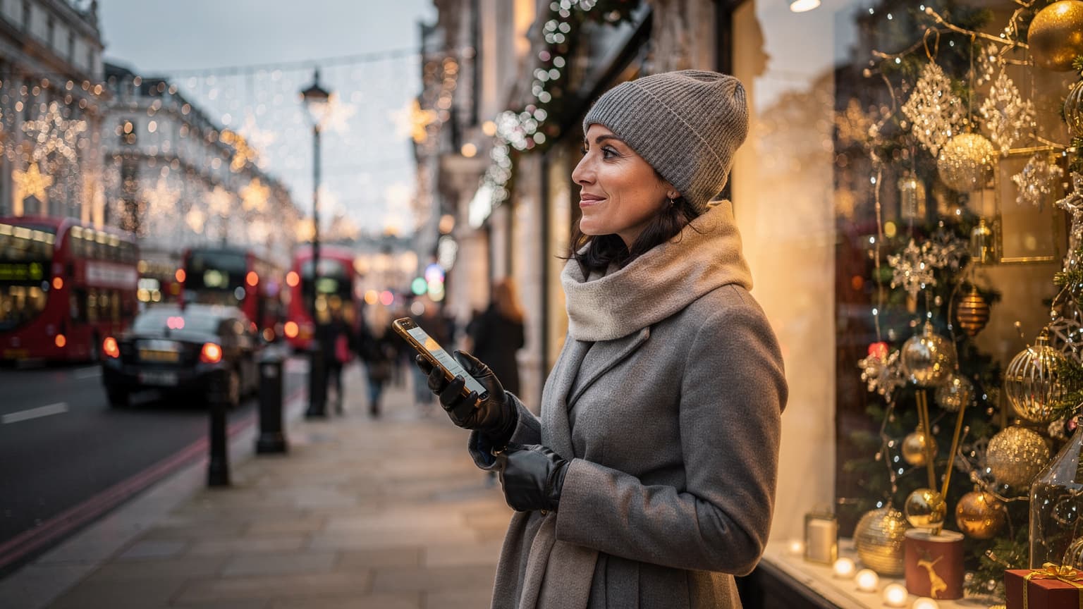 En kvinne med en smarttelefon i hånden, ser på butikkvinduer i en festlig pyntet gate i London i desember, med julelys og folk i bakgrunnen.