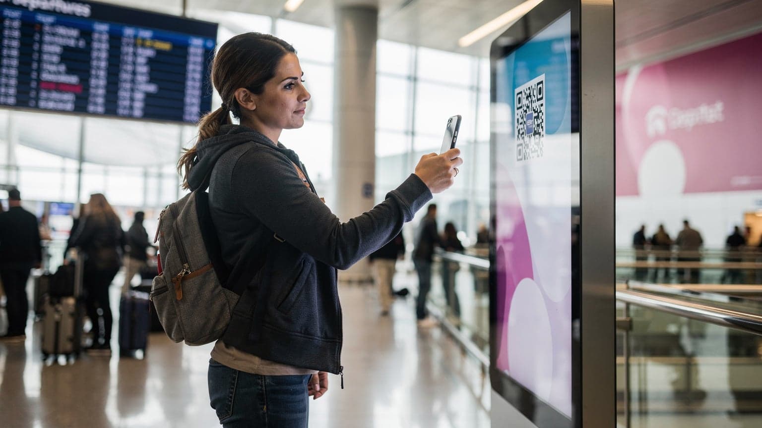A woman in a bustling airport terminal scans a QR code on her phone, a T-Mobile logo subtly visible on a digital screen in the background, amidst luggage and other travelers.