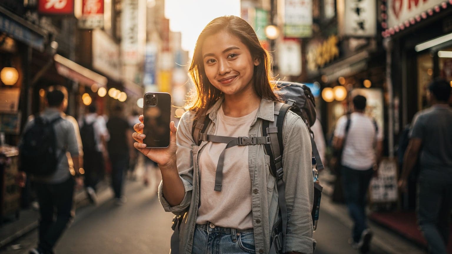 Seorang backpacker muda perempuan berambut hitam sedang tersenyum sambil memegang iPhone 17 di tangan kanannya, dengan latar belakang pemandangan jalanan ramai di distrik Shinjuku, Tokyo, saat sore hari.