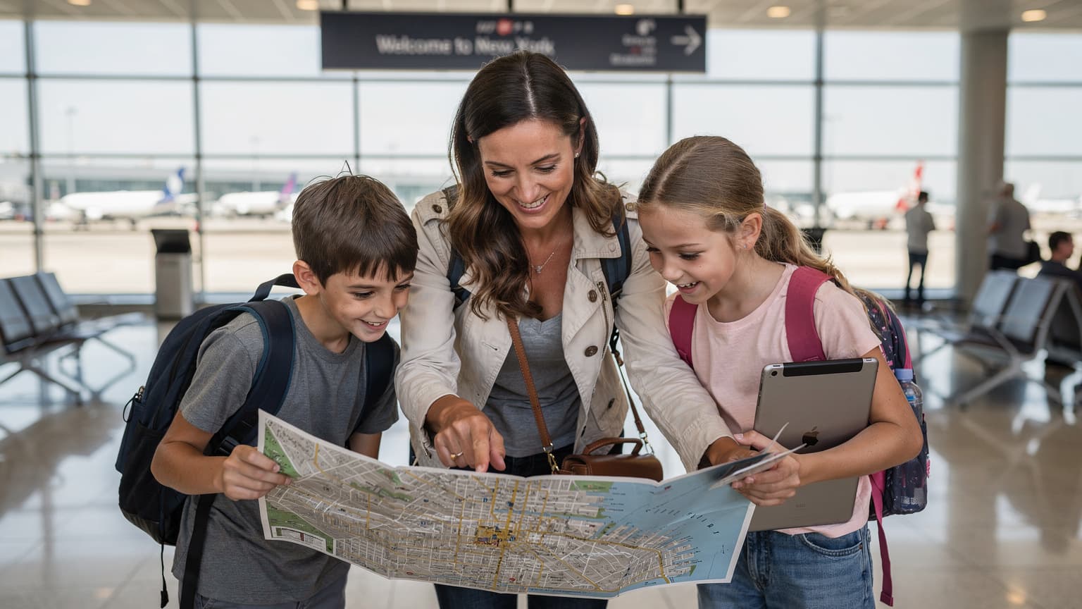 Una madre sonriente con sus dos hijos, un niño y una niña, mirando un mapa de la ciudad de Nueva York mientras esperan en la terminal de llegadas del aeropuerto JFK, con equipaje de mano a su lado.
