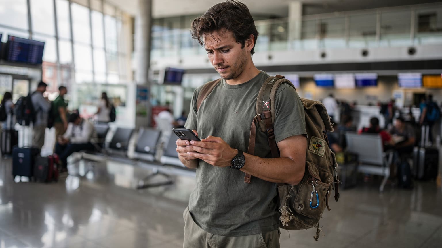 A budget backpacker, mid-twenties, meticulously checks their phone for data plan details at a bustling, slightly worn airport lounge, with other travelers and departure boards in the background.