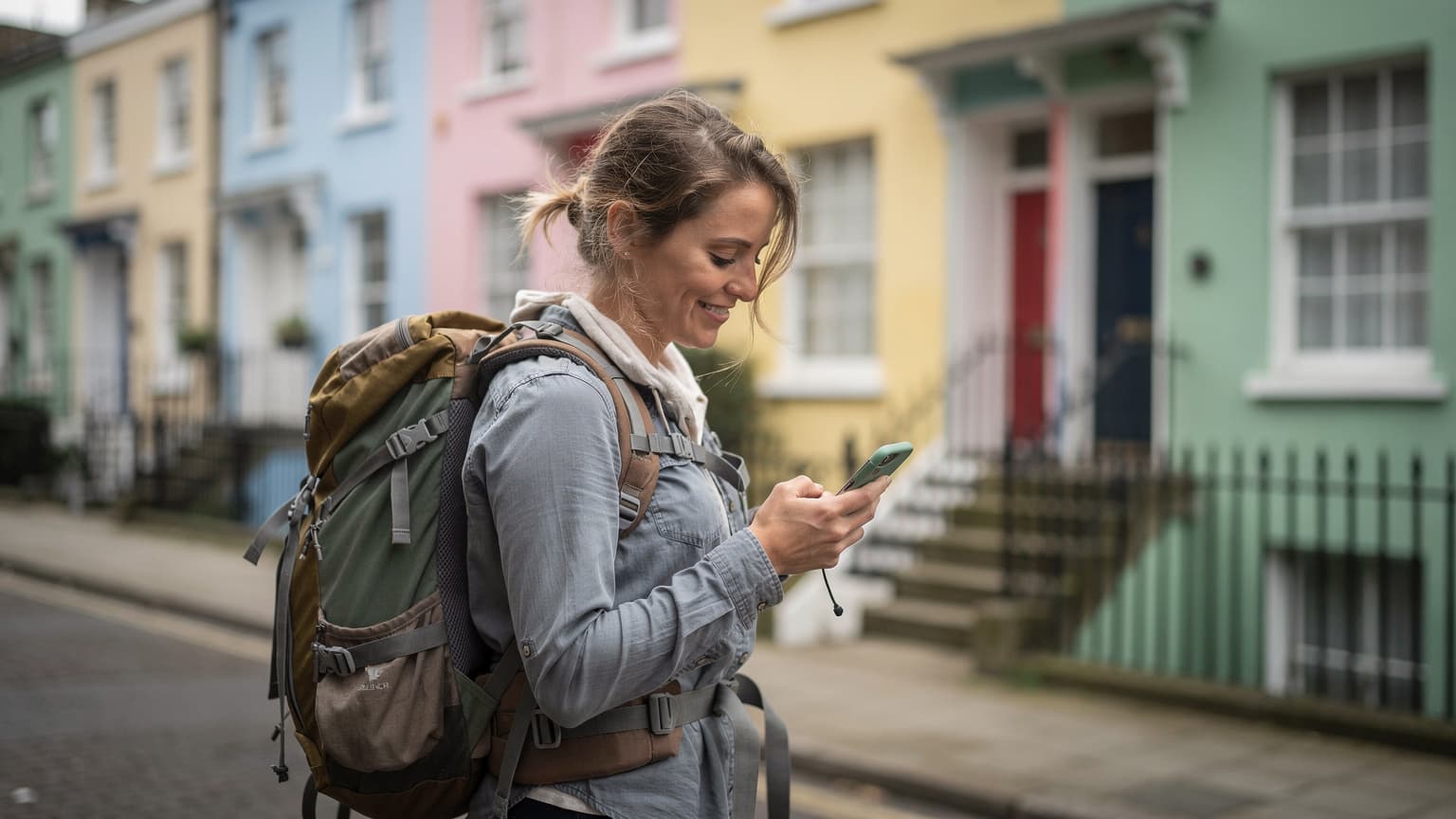 Une jeune femme souriante, sac à dos, consulte son téléphone devant les maisons colorées de Notting Hill à Londres, sous un ciel légèrement nuageux.