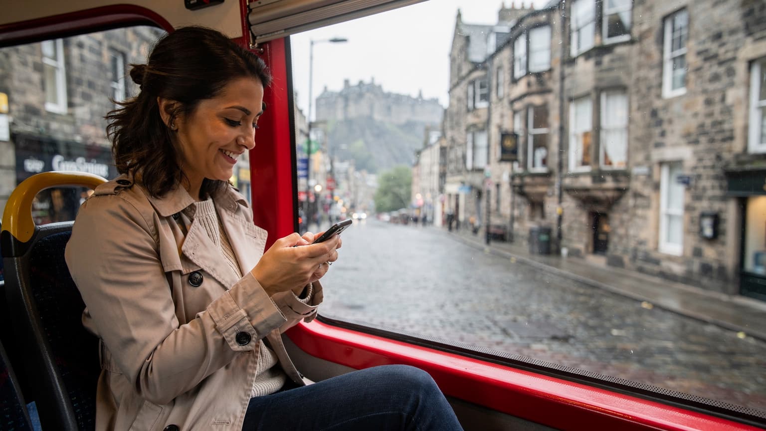 Una viajera sonríe mientras usa su teléfono en un autobús de dos pisos rojo en las calles adoquinadas de Edimburgo, con el castillo de fondo.