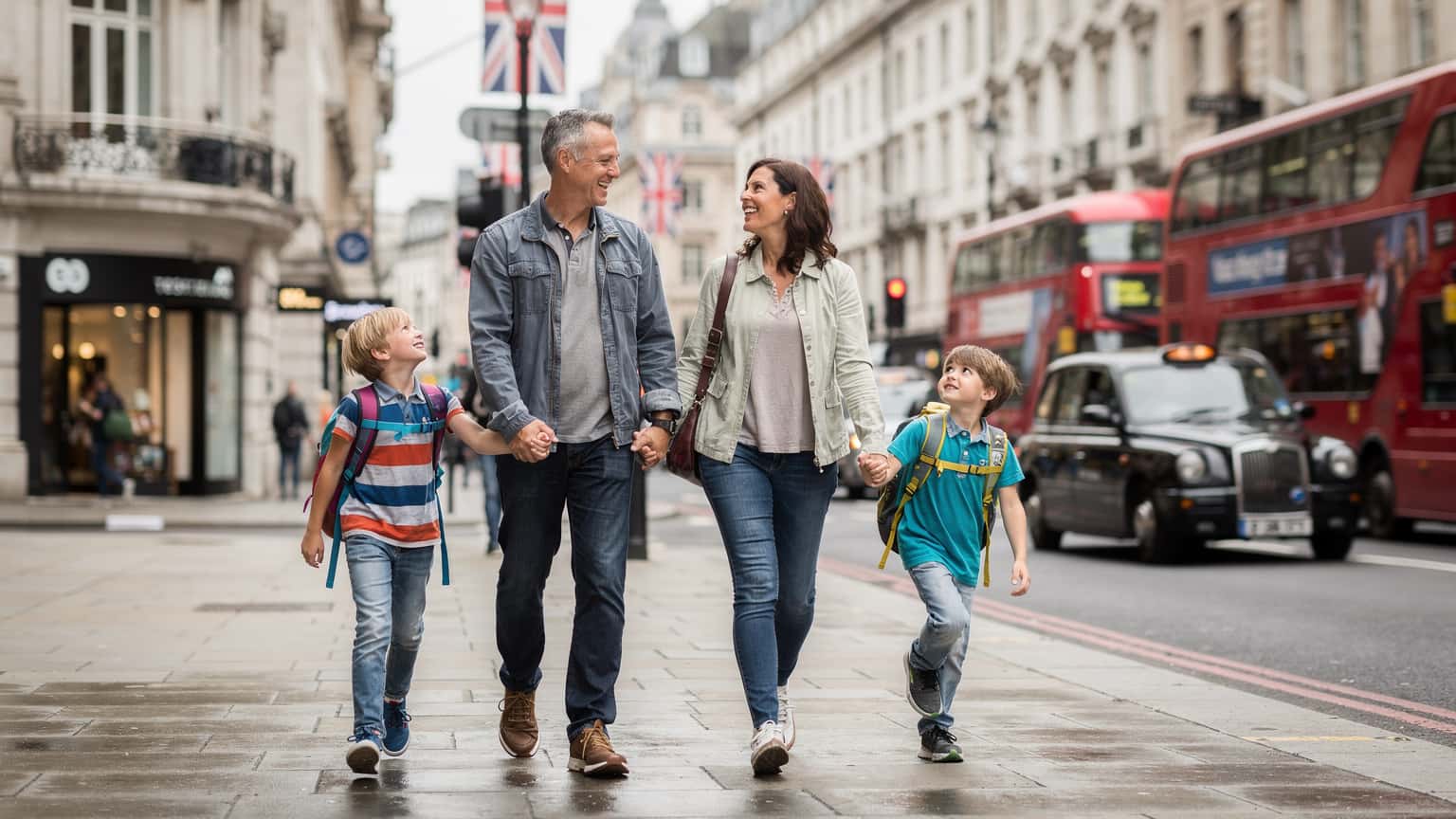 O familie zâmbitoare, părinți și doi copii, se plimbă pe o stradă pietonală din Londra, cu faimoasele autobuze roșii cu etaj în fundal, sub un cer senin de vară.