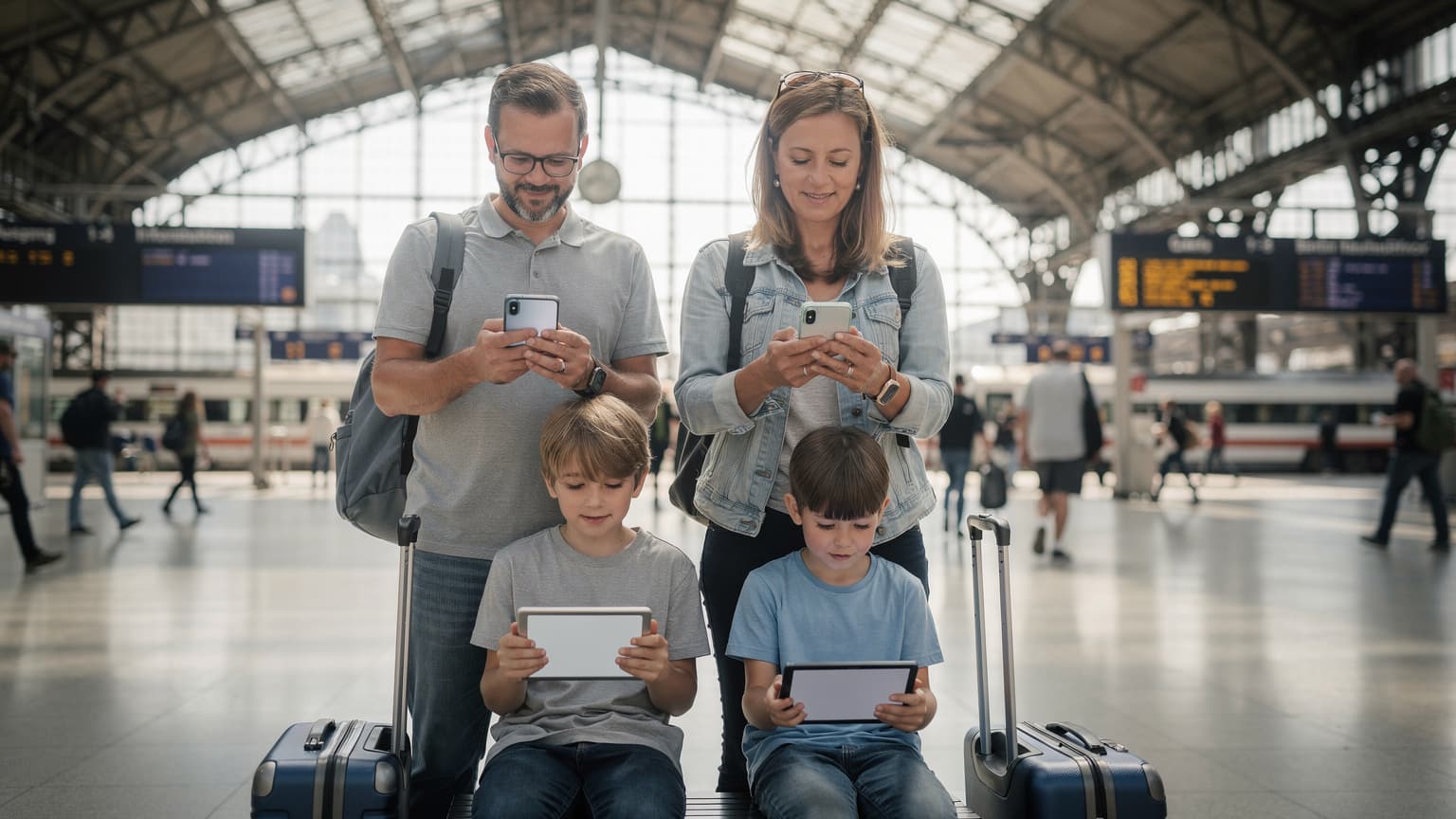 Rodzina z dwójką dzieci, rodzice sprawdzają swoje iPhone'y 18 na tle tętniącego życiem dworca kolejowego w Berlinie, podczas gdy dzieci grają na tabletach.