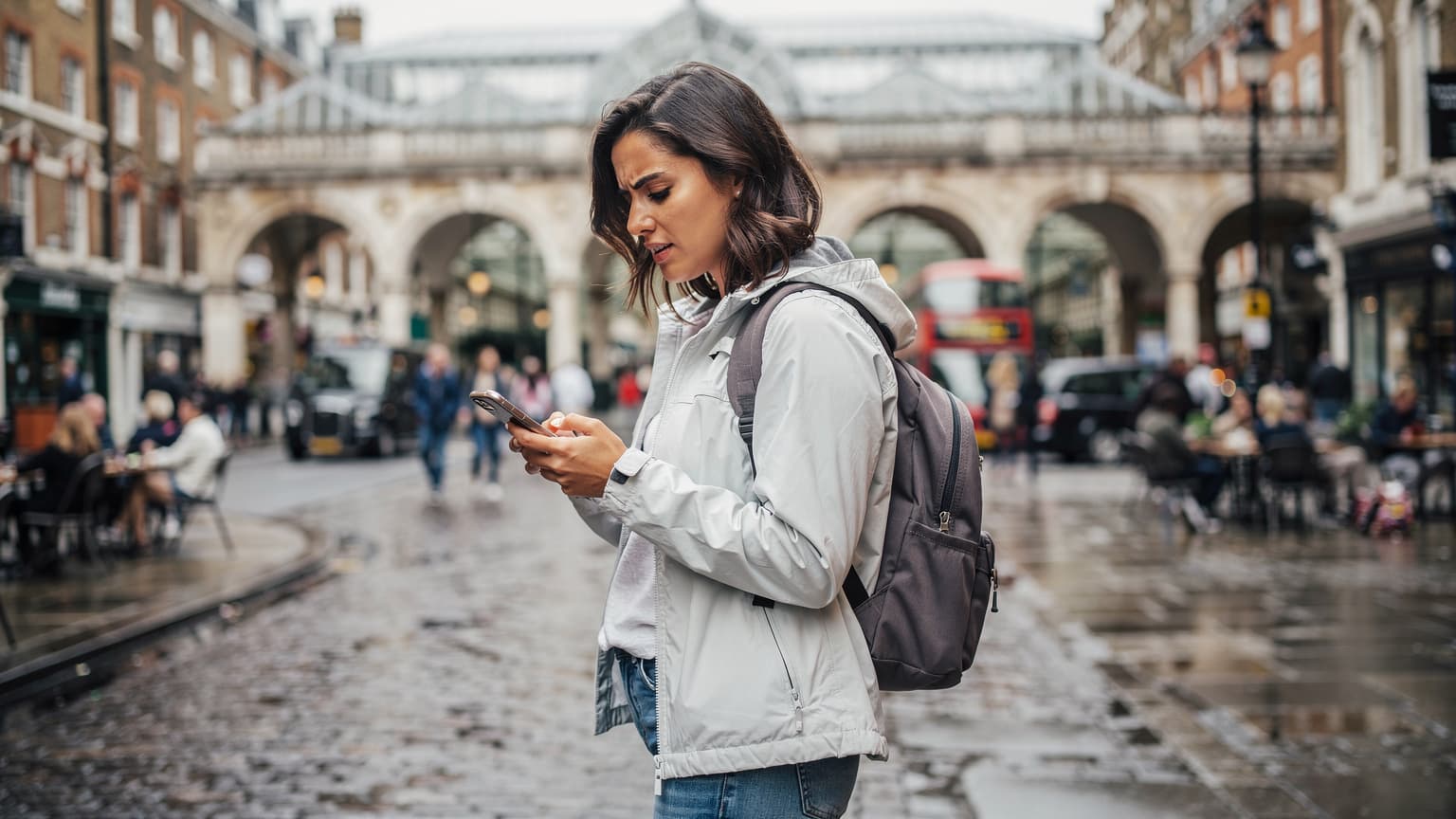 Mladá žena s batůžkem stojí na rušné londýnské ulici Covent Garden a kontroluje svůj telefon, zatímco kolem ní prochází dav lidí.