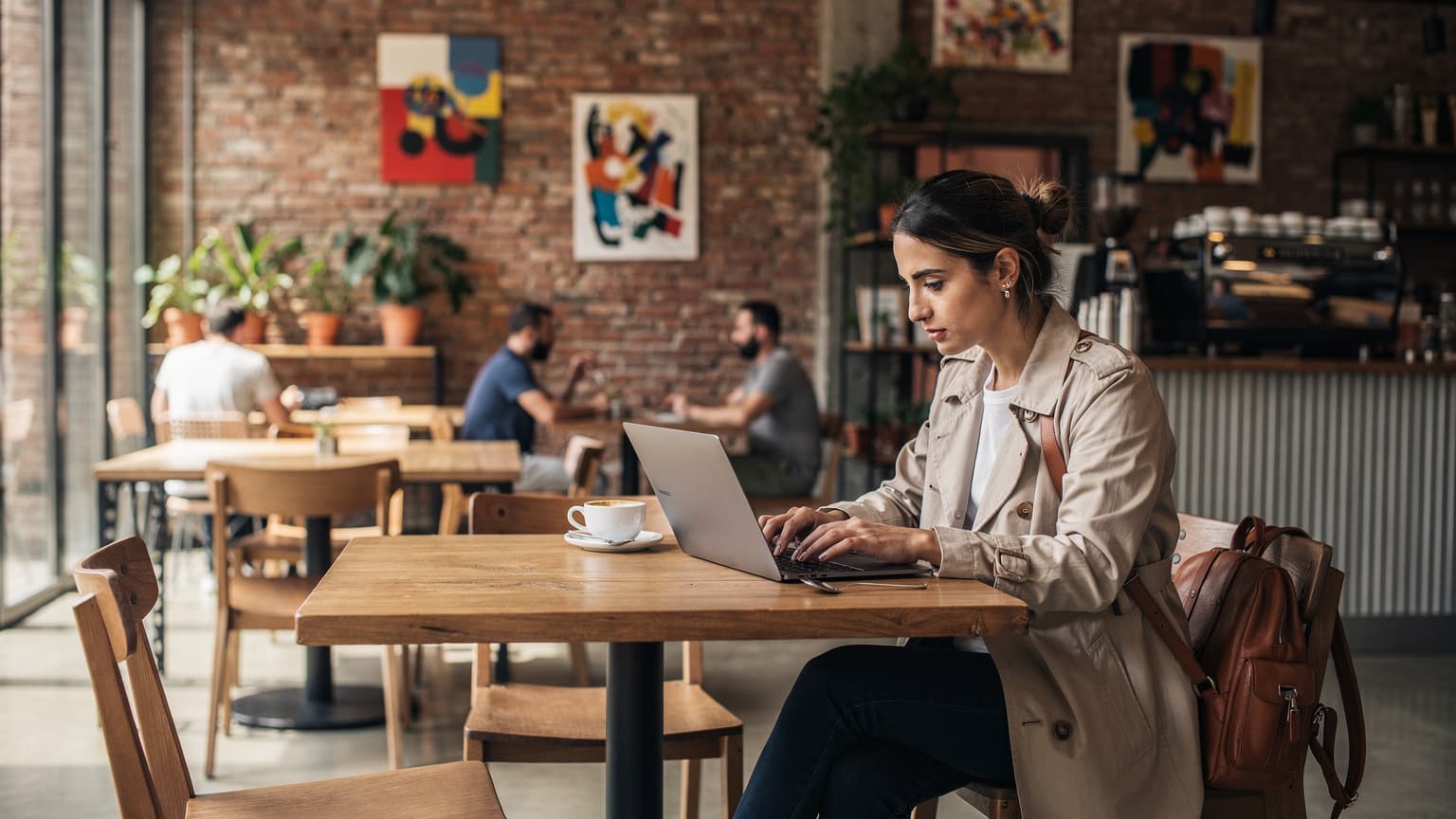 Eine junge Frau sitzt entspannt in einem modernen Café in Tirana, Albanien, und arbeitet an ihrem Laptop, während sie einen Kaffee trinkt. Ihr Smartphone liegt griffbereit auf dem Tisch.