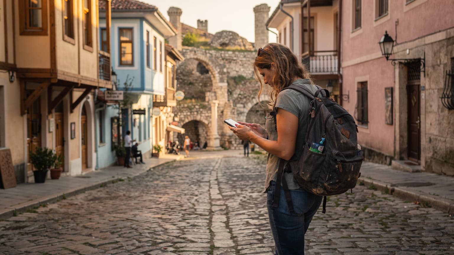 Bulgaristan'da güneşli bir öğleden sonra, tarihi Plovdiv şehrinin Arnavut kaldırımlı sokaklarında bir kadın akıllı telefonunu kullanarak haritalara bakıyor. Etrafında yerel halk ve turistler yürüyor, eski binaların pastel tonları göze çarpıyor.