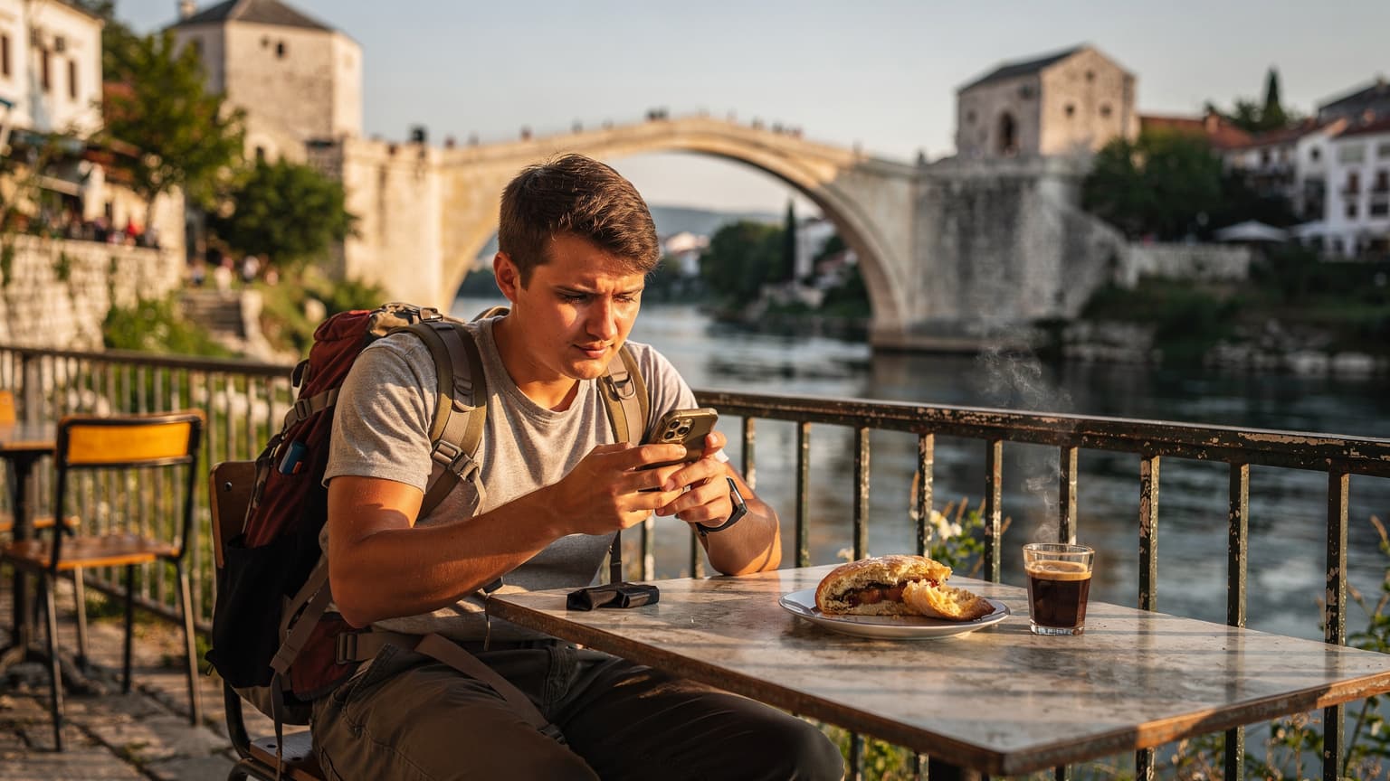 Ein junger Backpacker mit einem Smartphone in der Hand, der auf einer sonnigen Terrasse in Mostar, Bosnien und Herzegowina, auf eine Karte schaut, mit der Stari Most Brücke im Hintergrund.