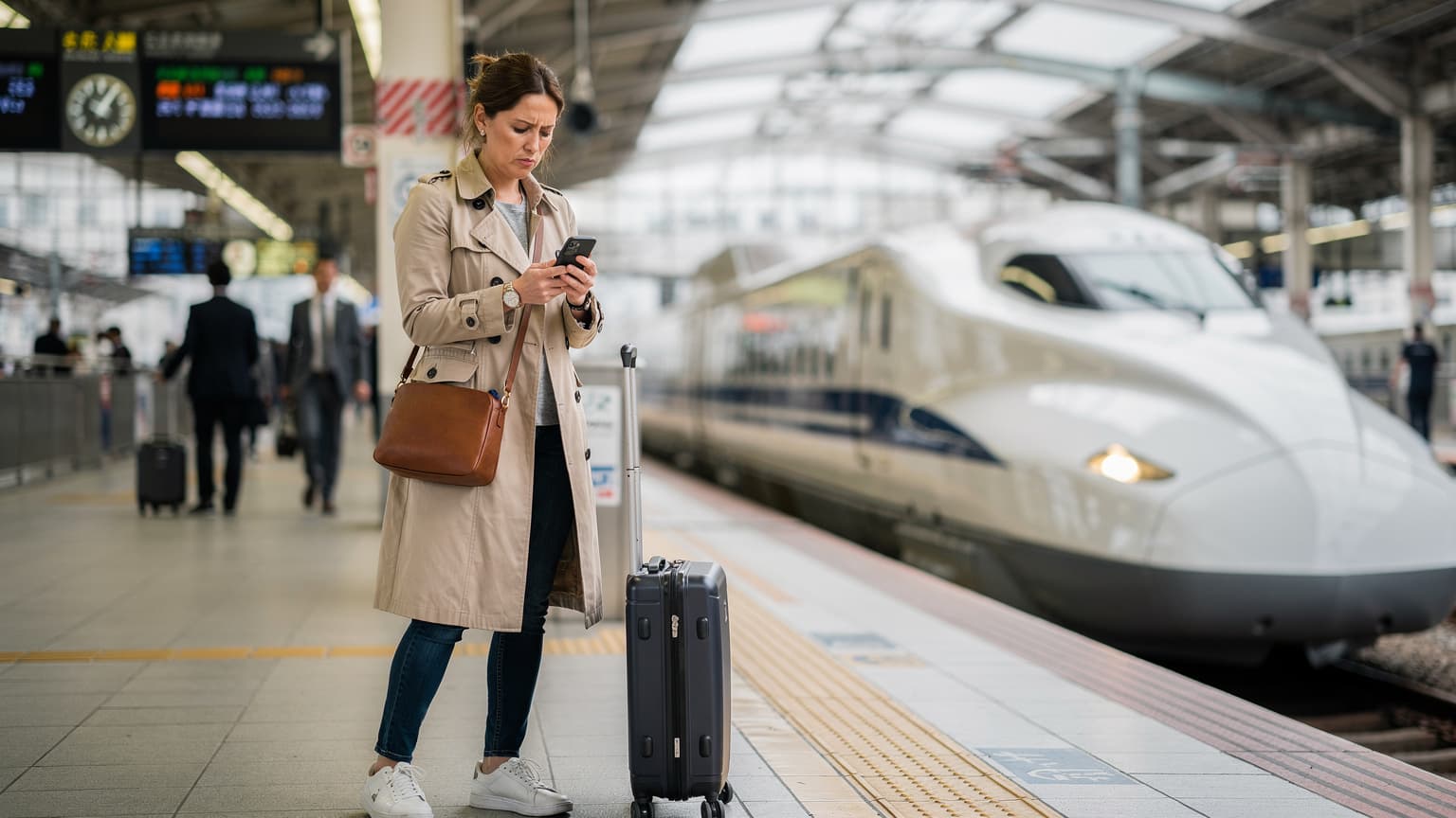 Une femme française consulte son iPhone sur un quai de gare à Kyoto, au Japon, avec un train JR East à l'arrière-plan, l'air un peu perplexe.