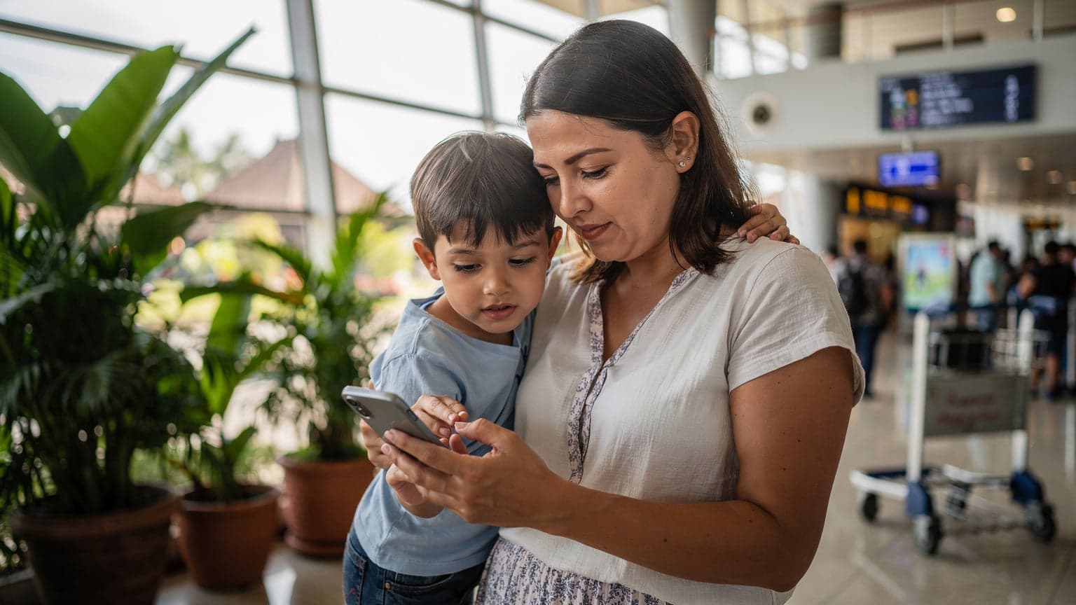 A mother calmly helps her child activate an eSIM on a smartphone at a bustling terminal in Ngurah Rai International Airport, Bali, with luggage and tropical plants in the background.