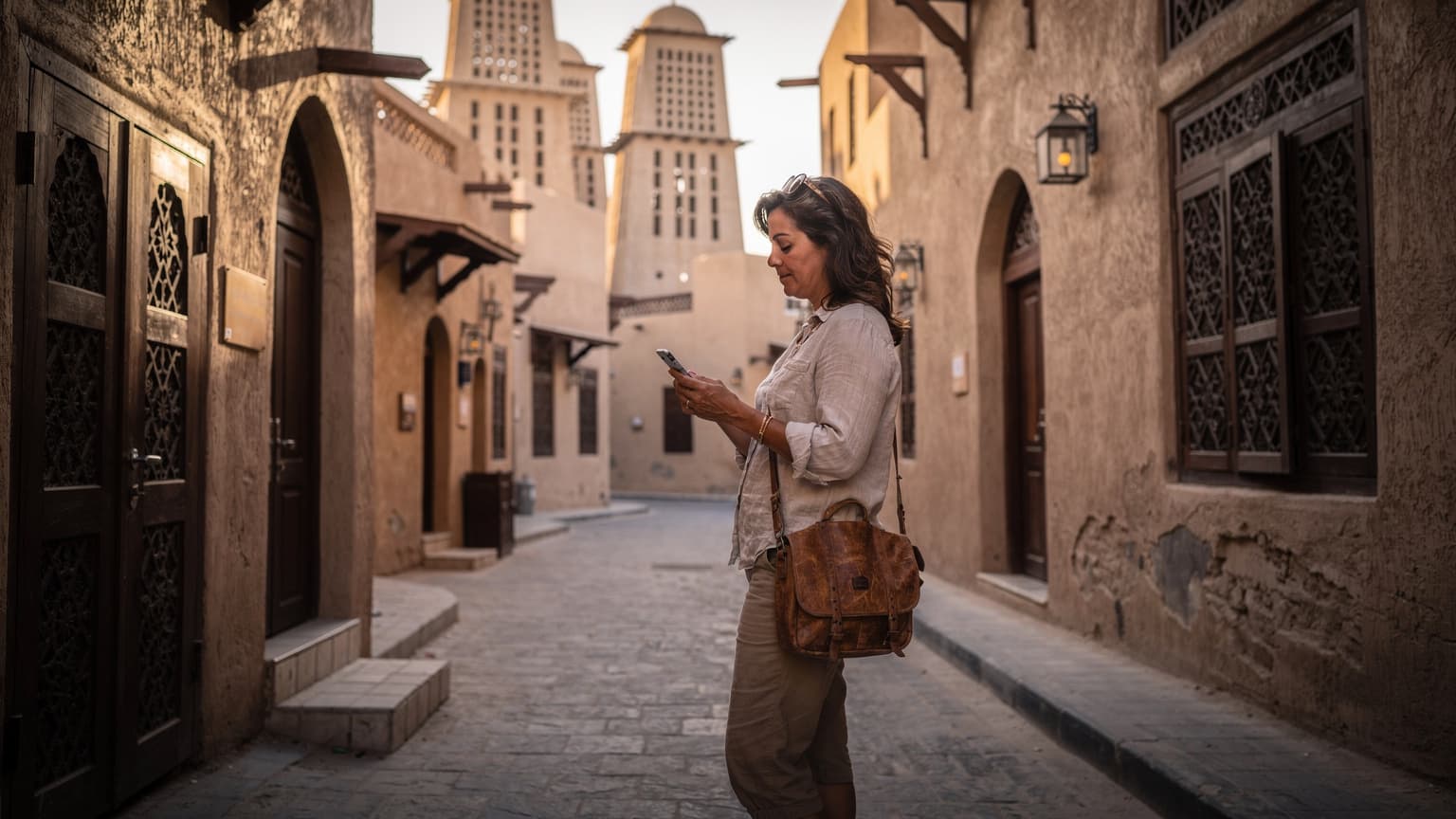 A traveler uses their smartphone to check a map on a bustling street in Dubai's Al Fahidi Historical Neighbourhood, with traditional wind-tower architecture in the background.