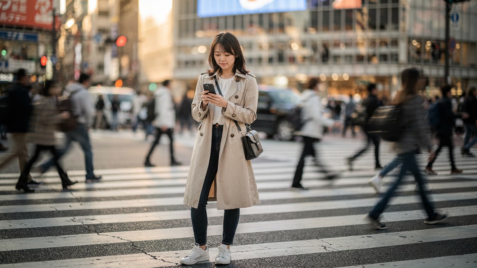 東京の渋谷スクランブル交差点で、スマートフォンを操作する旅行者が、海外でのデータ接続について考えている様子。