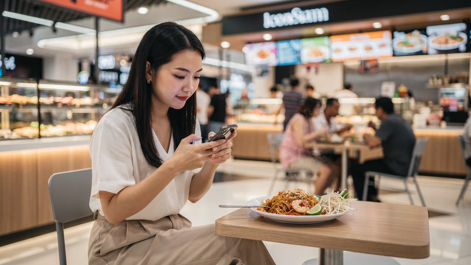 一名年輕女性在曼谷 IconSiam 購物中心的美食廣場,邊吃泰國小吃邊查看手機上的 eSIM 設置,周圍是熙熙攘攘的人群和充滿活力的美食攤位。