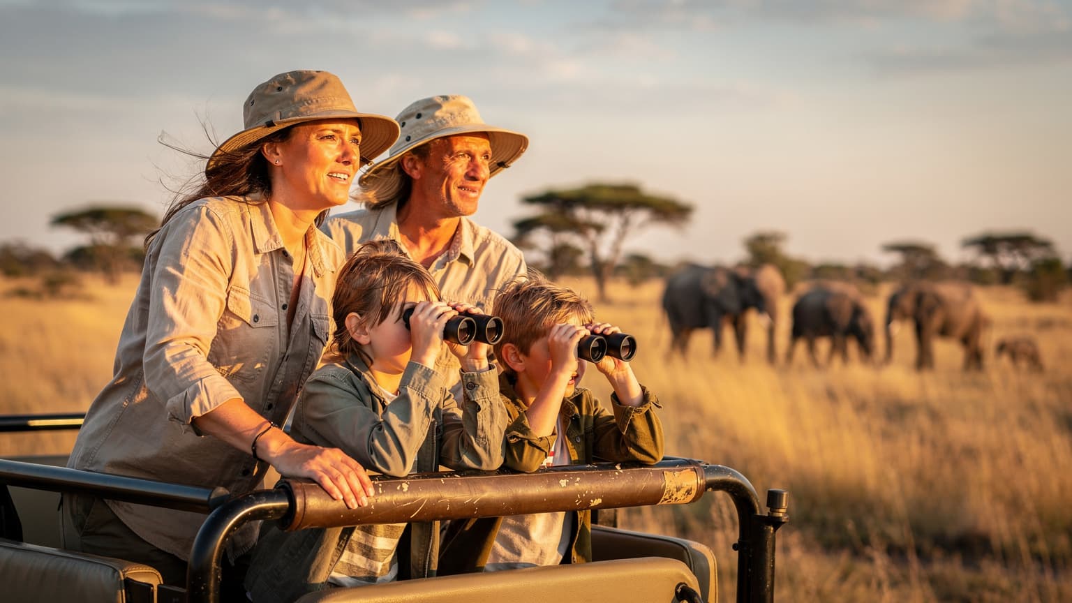 Een gezin kijkt met verrekijkers uit over een uitgestrekte savanne in het Krugerpark, Zuid-Afrika, met op de voorgrond een open safarijeep en de zon die langzaam ondergaat.