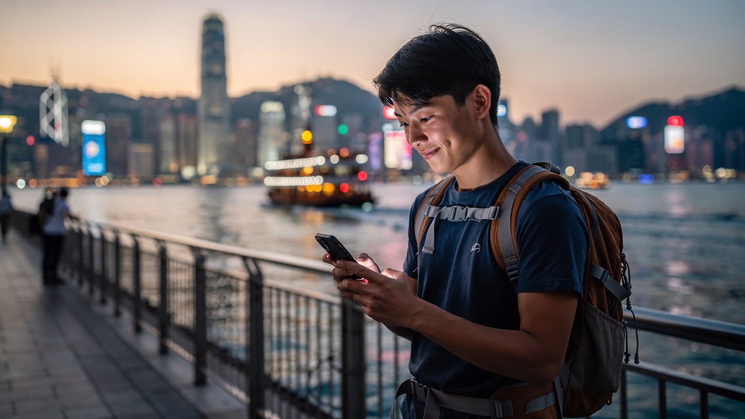 一名中国年轻背包客在香港维多利亚港边,用iPhone查看eSIM设置,背景是璀璨的城市夜景和繁忙的渡轮。