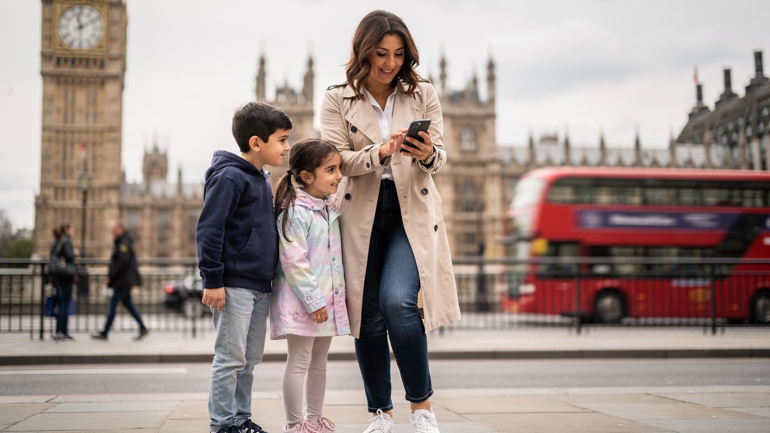 Londra'da Big Ben'in önünde, gülümseyen bir anne ve iki çocuğu telefonlarından harita kontrol ediyorlar, arkalarında kırmızı bir otobüs geçiyor.