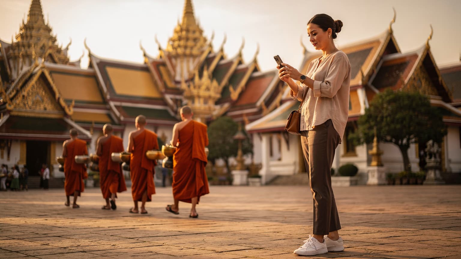 Une femme utilisant son smartphone pour prendre une photo d'un temple ancien au lever du soleil à Chiang Mai, Thaïlande, avec des moines en robe safran en arrière-plan.