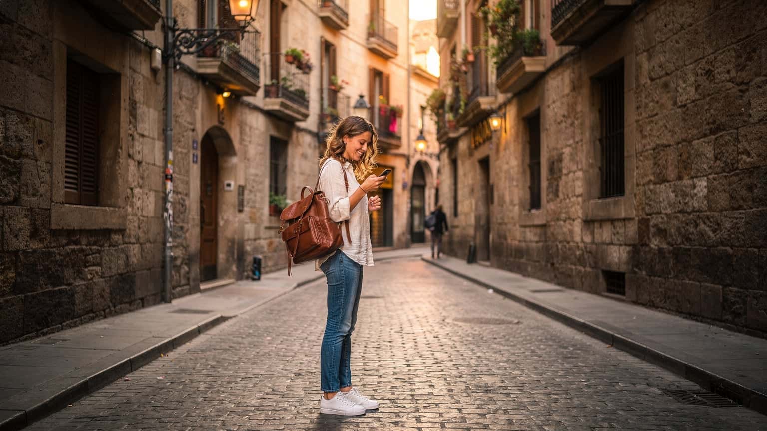 Una viajera joven sonríe mientras revisa su teléfono en una calle adoquinada del barrio Gótico de Barcelona al atardecer, con edificios históricos y una farola de hierro forjado de fondo.