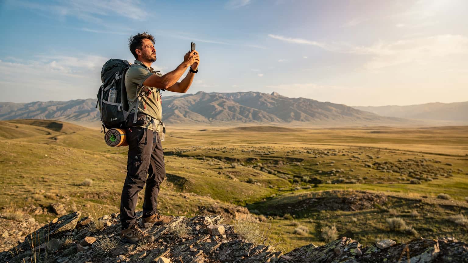 A traveler, mid-thirties, with a sophisticated hiking backpack, stands on a hill overlooking the vast, arid plains of Kazakhstan, checking their smartphone for signal under a clear blue sky.