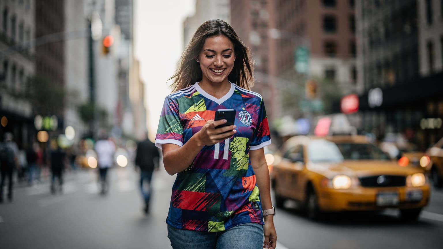 Uma mulher sorridente com uma camisa de time de futebol, olhando para o celular enquanto caminha por uma rua movimentada de Nova York, com prédios altos ao fundo e um táxi amarelo passando.