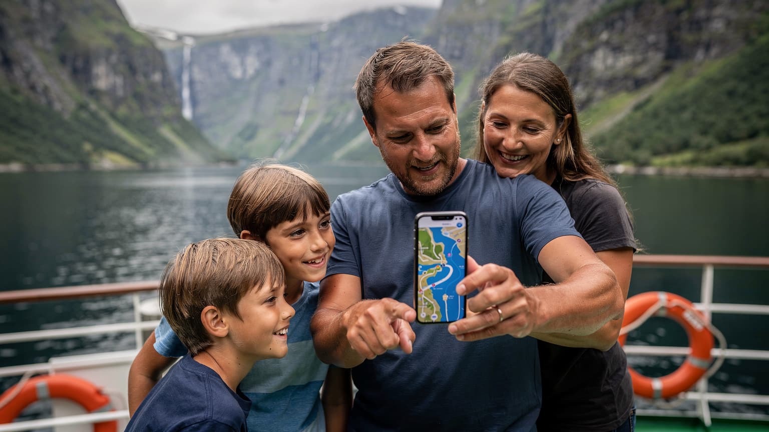 En familie på fire, mor, far og to barn i alderen 8 og 10, smiler mens de ser på en iPhone som viser et kart over Geirangerfjorden, med en ferge i bakgrunnen og majestetiske fjell rundt dem.