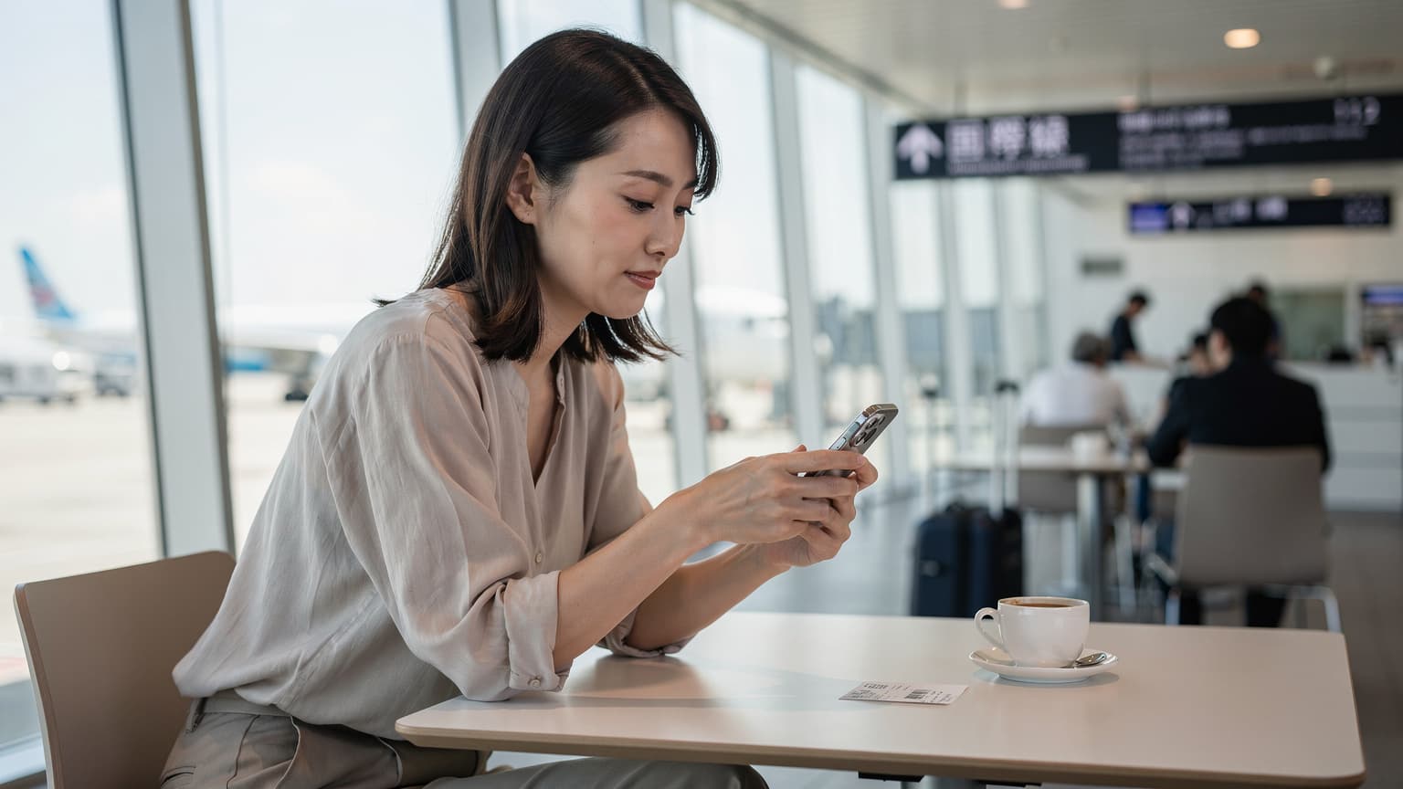 東京の羽田空港国際線ターミナルで、搭乗ゲート近くのカフェに座り、iPhone 17でeSIM設定を最終確認している若い日本人女性のクローズアップ。