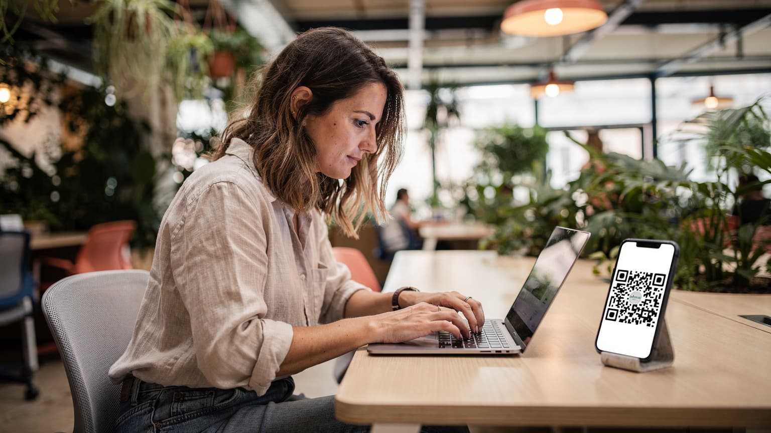 A digital nomad sits in a bustling co-working space in Lisbon, focused on her laptop, with a smartphone displaying an eSIM activation screen nearby.