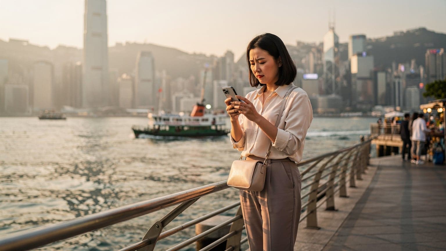 一名中國旅客在香港維多利亞港邊,手持手機查看eSIM設置,背景是繁華的城市天際線和渡輪。