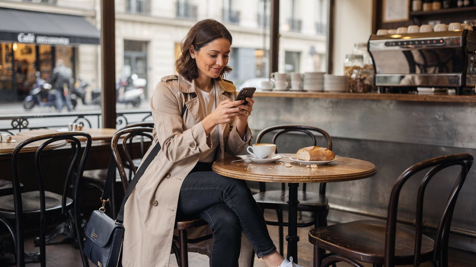 Une femme au look de voyageuse digitale, assise dans un café parisien typique avec une baguette et un café, regardant son téléphone pour vérifier sa connexion eSIM.