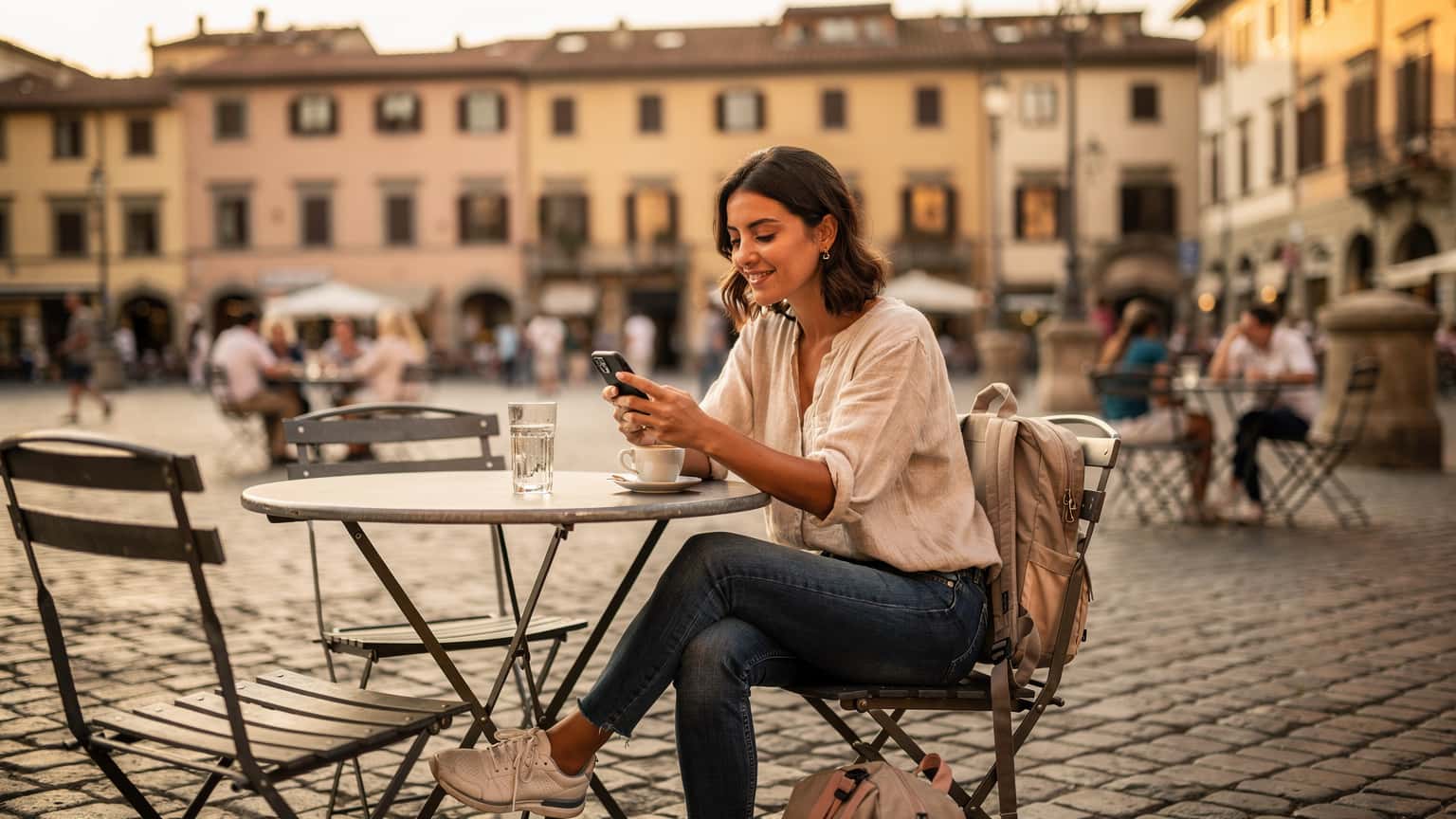 Una viaggiatrice sorride mentre attiva un'eSIM sul suo smartphone, seduta al tavolino di un caffè caratteristico in una piazzetta italiana al tramonto, con valigia a fianco.