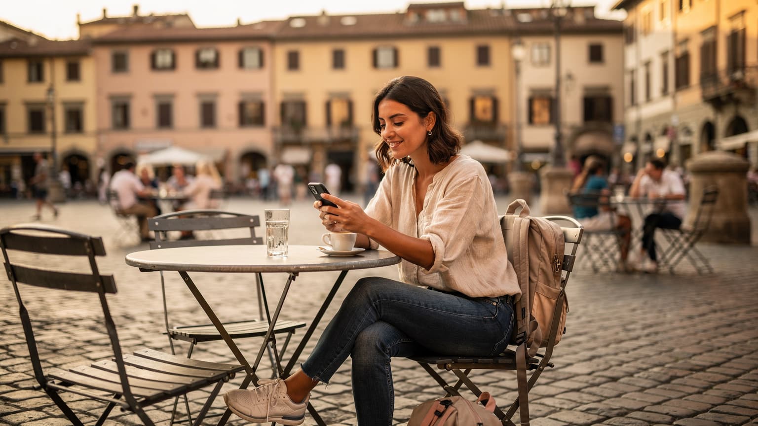 Una viaggiatrice sorride mentre attiva un'eSIM sul suo smartphone, seduta al tavolino di un caffè caratteristico in una piazzetta italiana al tramonto, con valigia a fianco.