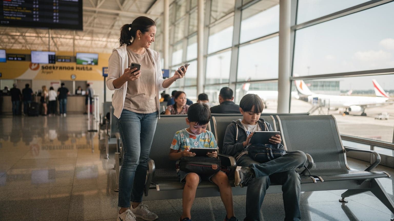 Seorang ibu tersenyum sambil memegang dua smartphone, satu di masing-masing tangan, dengan latar belakang gerbang keberangkatan bandara Soekarno-Hatta yang sibuk dan anak-anak yang asyik bermain tablet di ruang tunggu.