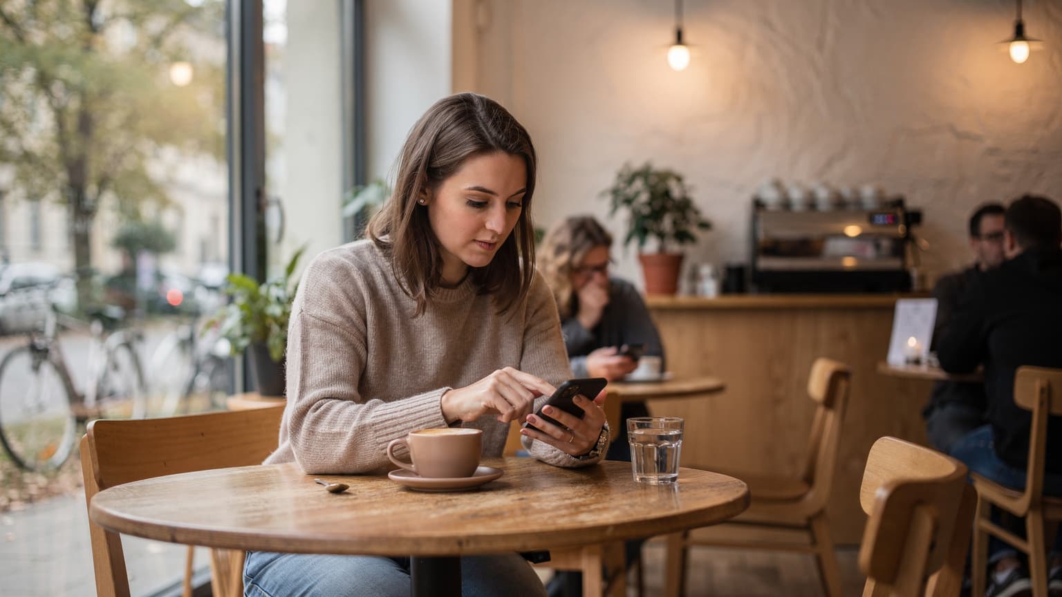 Eine junge Frau sitzt entspannt in einem Café im Viertel Prenzlauer Berg in Berlin, ihr Smartphone liegt neben einer Tasse Kaffee auf dem Tisch, während sie eine digitale Landkarte betrachtet.