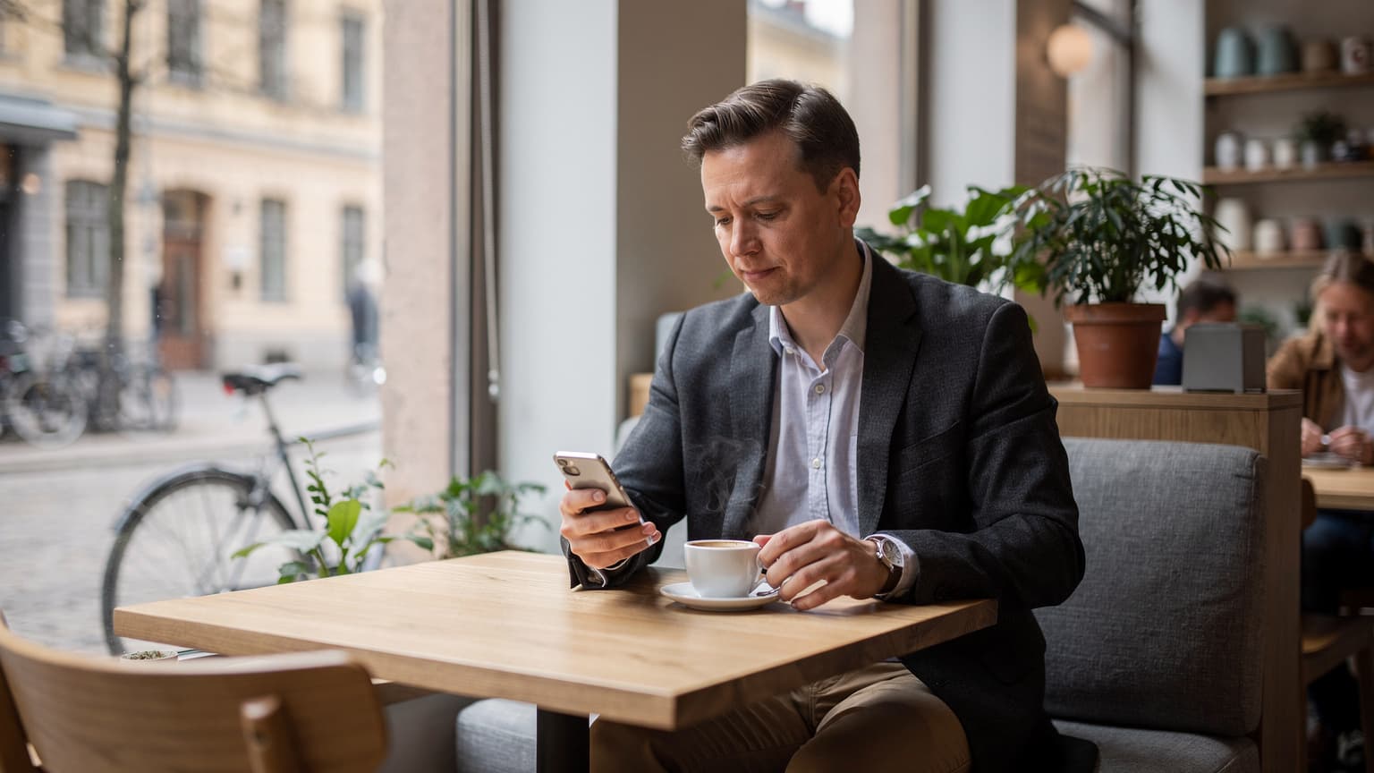 Eine Person sitzt entspannt an einem Holztisch in einem modernen Café in Stockholm, blickt auf ihr Smartphone und genießt einen Kaffee, während draußen eine leichte Brise die Blätter bewegt.