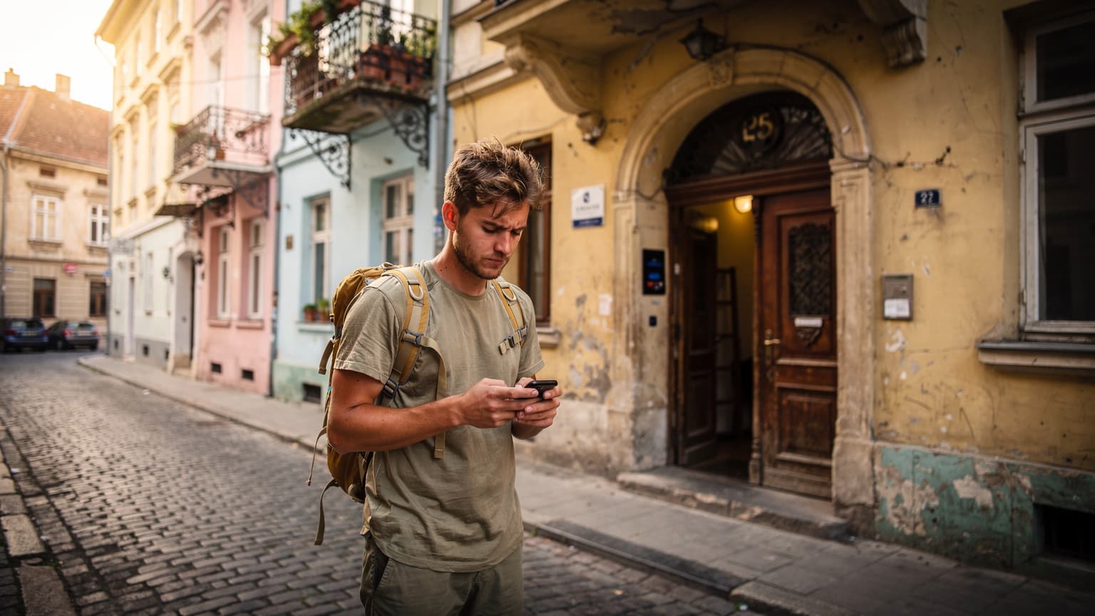 Een Nederlandse backpacker checkt zijn telefoon voor een hostel in Boedapest, terwijl de gouden ochtendzon de Gellértberg verlicht.