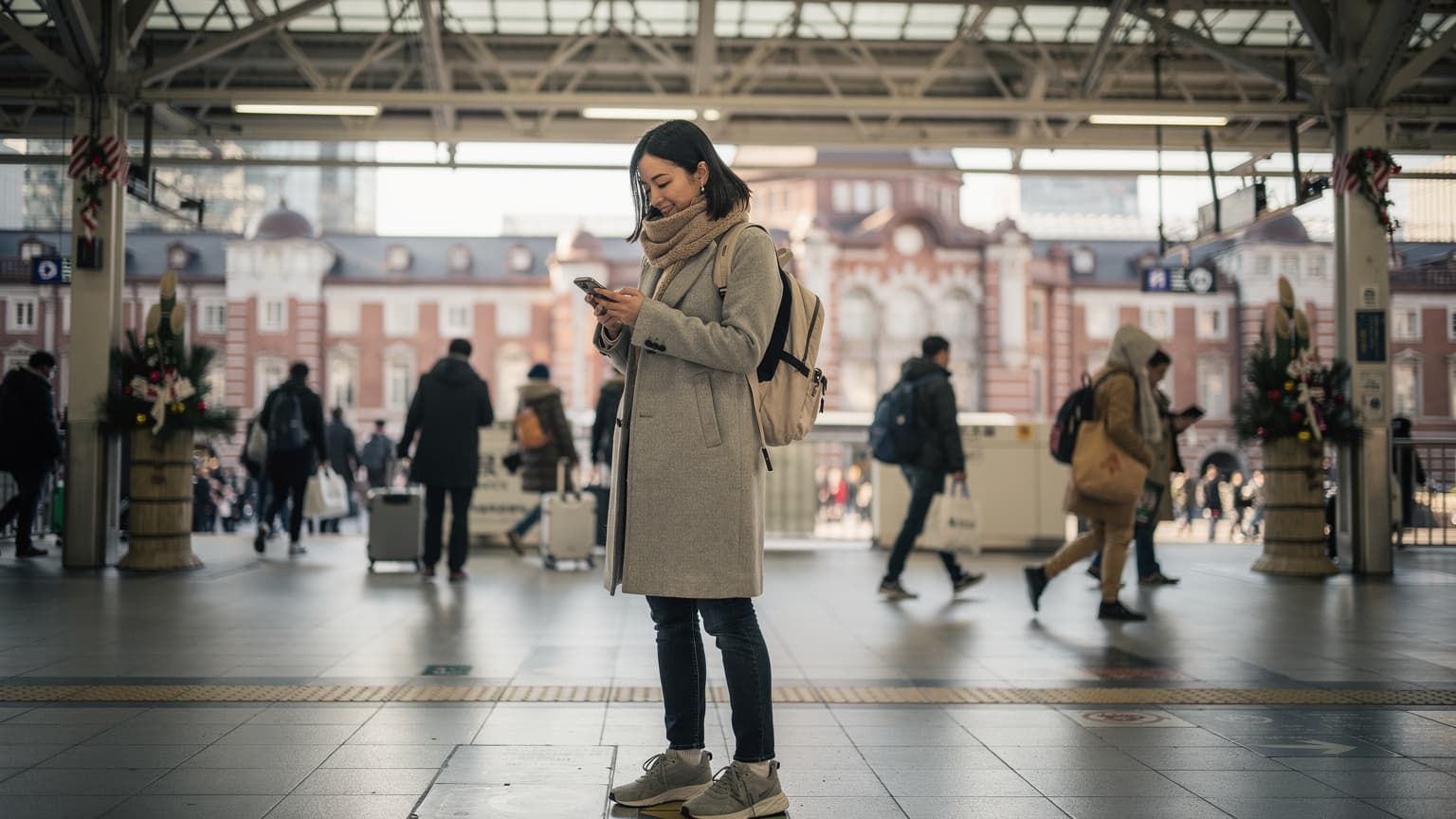 Một du khách đang sử dụng điện thoại tại ga Tokyo đông đúc trong dịp Tết Nguyên Đán, với kiến trúc cổ điển và hiện đại hòa quyện.