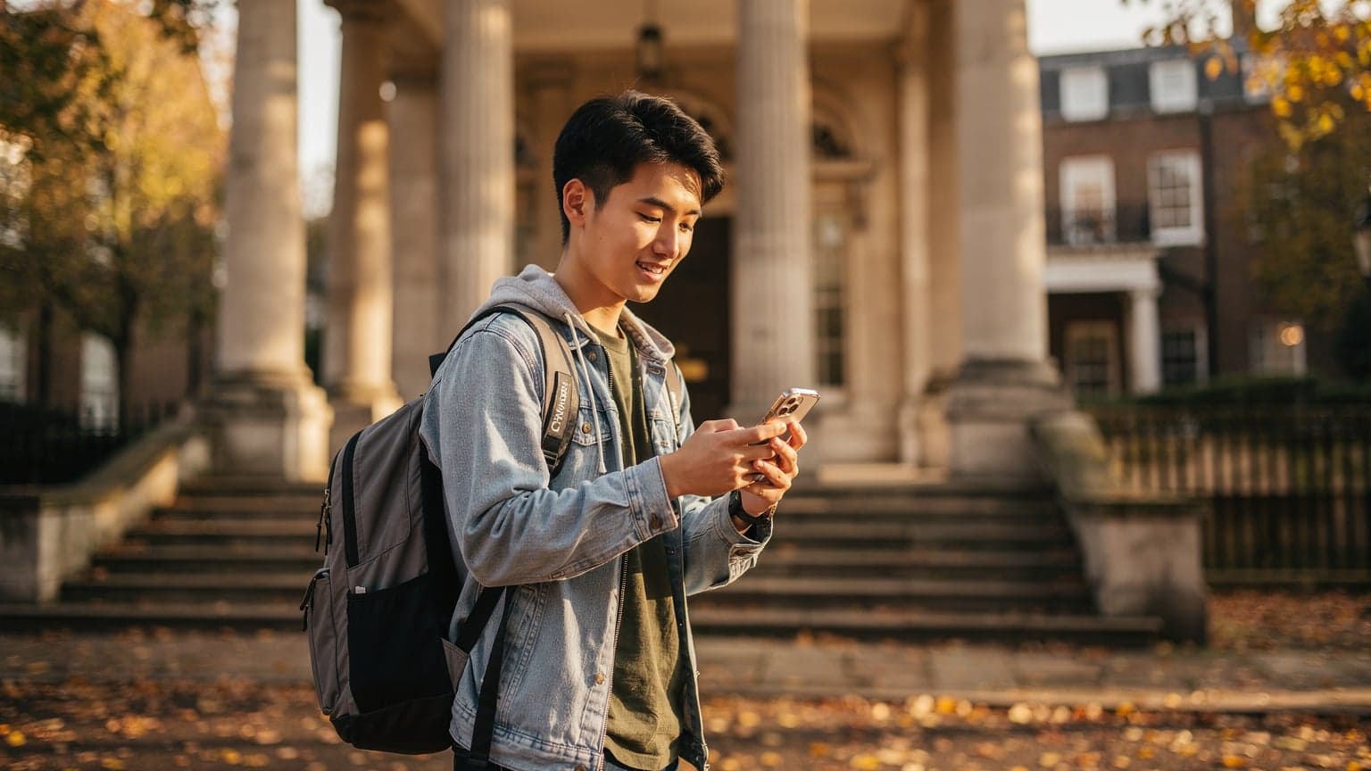 一名中国留学生在伦敦大学学院(UCL)的布鲁姆斯伯里校区,手持手机,背景是典型的乔治亚风格建筑,阳光透过树叶洒下,显得兴奋而放松。