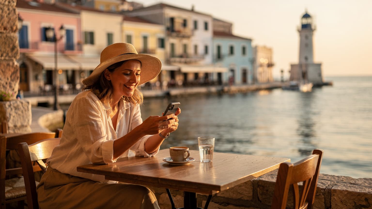 Une voyageuse souriante, casquette de soleil sur la tête, consulte son téléphone portable sur la terrasse d'un café traditionnel à Chania, en Crète, avec une vue imprenable sur le vieux port vénitien au lever du soleil.