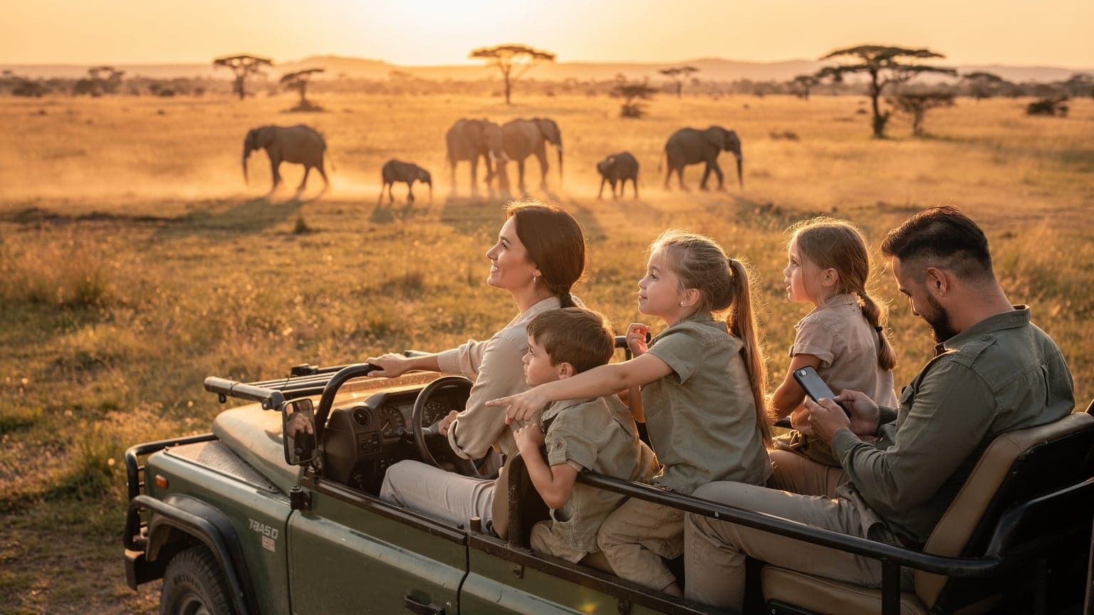 Rodzina z dwójką dzieci obserwująca słonie na tle zachodzącego słońca podczas safari w Parku Narodowym Serengeti w Tanzanii, z rodzicem dyskretnie sprawdzającym telefon.