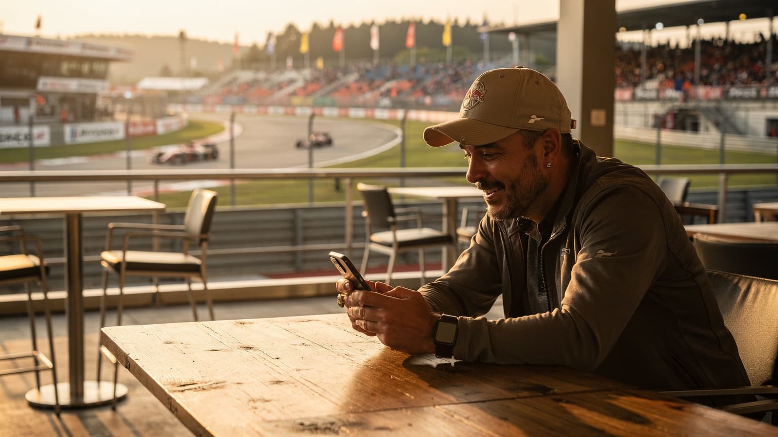 Eine Person sitzt an einem Tisch im Fahrerlager der Formel 1, ihr Smartphone in der Hand, mit Tribünen und Rennstrecke im Hintergrund.