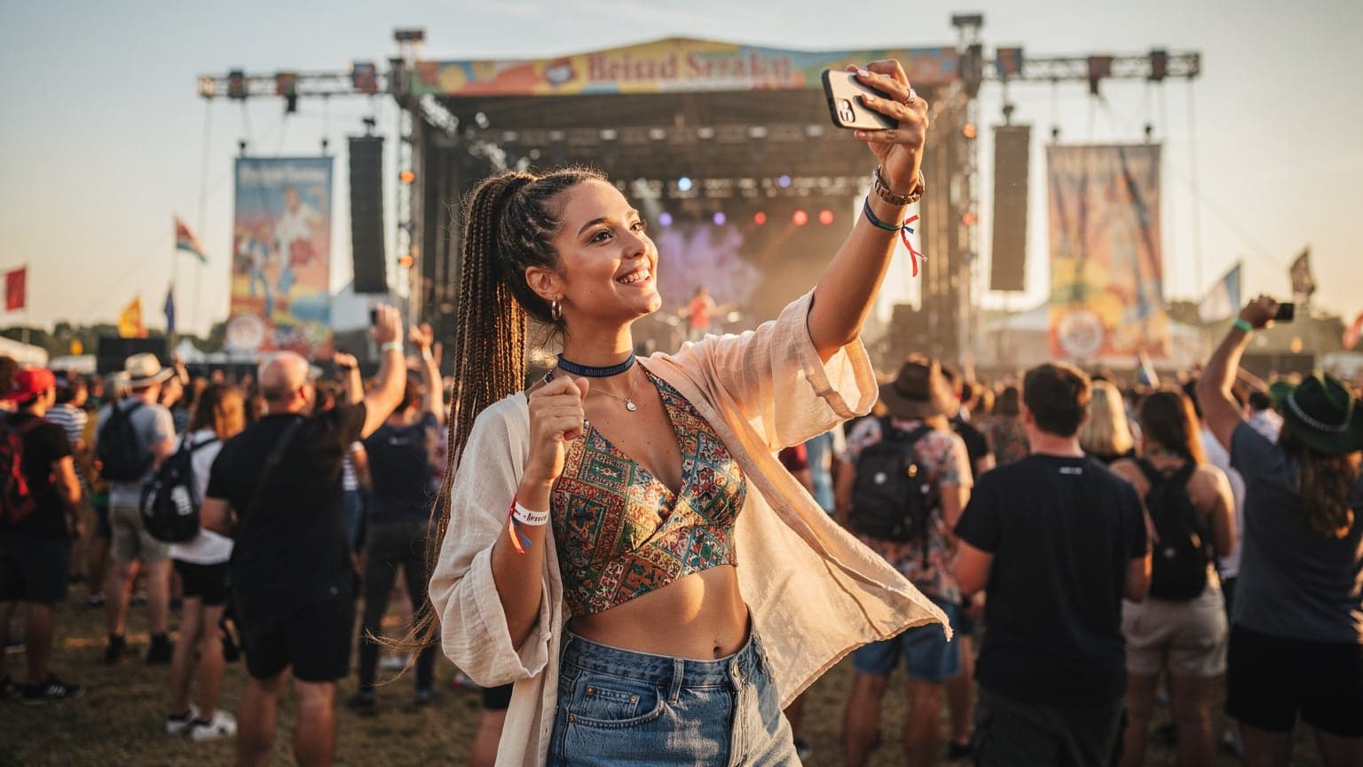 En ung kvinna med flätor ler och håller upp sin smartphone mot en folkmassa på en musikfestival i Europa, med festivalscenen skymtande i bakgrunden vid solnedgång.