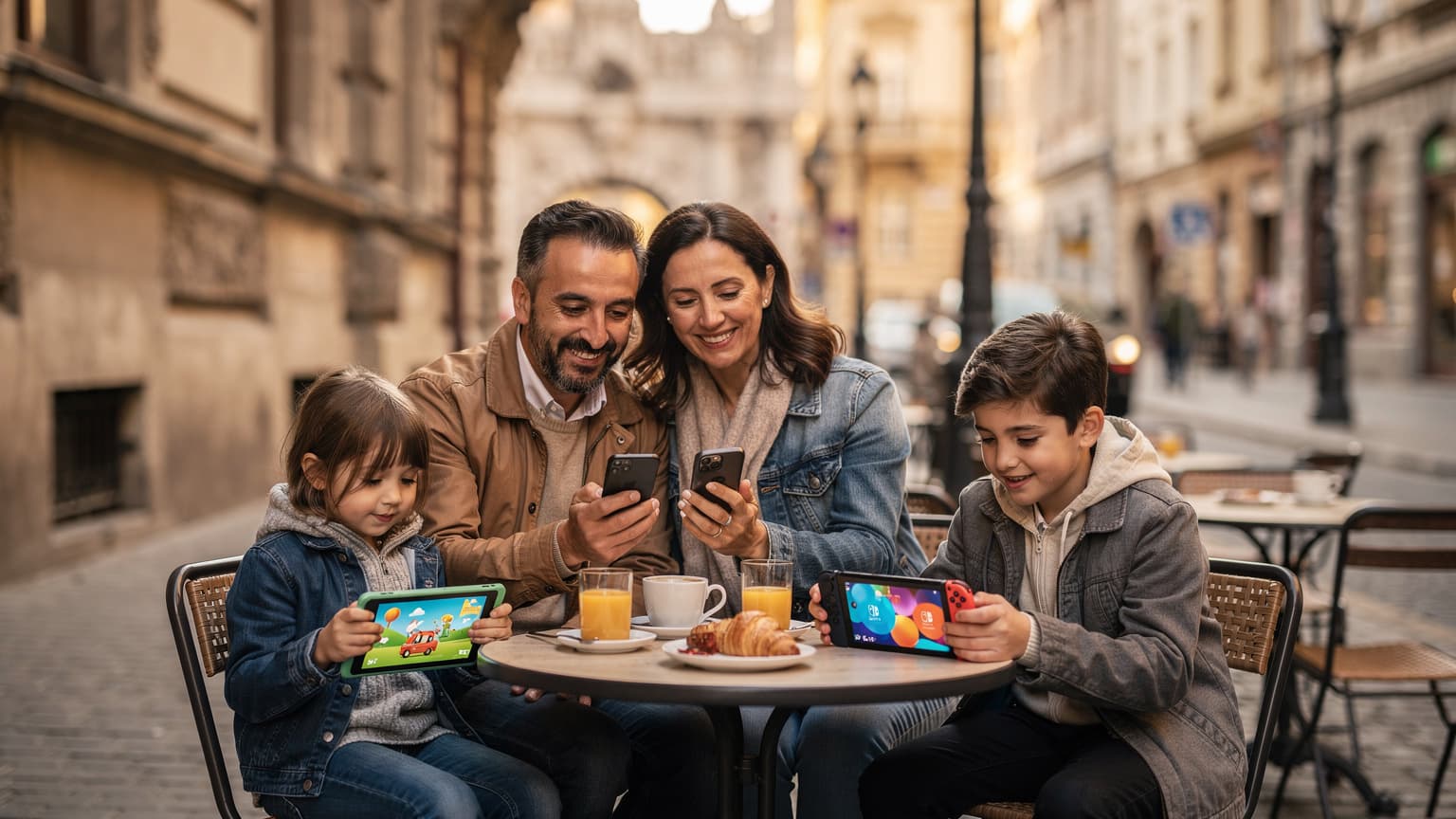 Kurban Bayramı sonrası Avrupa'da bir aile, çocukları tabletlerinde çizgi film izlerken ebeveynleri eSIM uyumlu telefonlarından rota kontrol ediyor, arka planda Budapeşte'nin tarihi binaları ve Tuna Nehri görünüyor.
