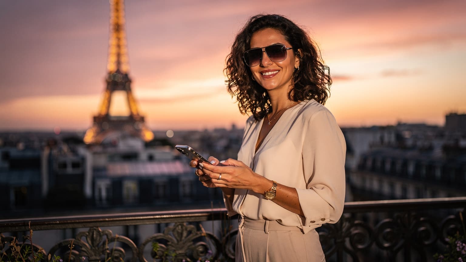 Una donna italiana sorride mentre tiene il suo smartphone con un'eSIM attiva, guardando la Torre Eiffel al tramonto a Parigi, celebrando Ferragosto.